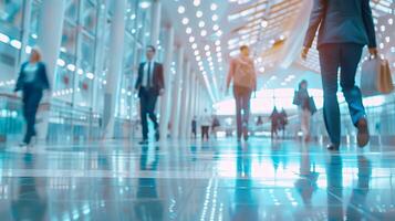 Blurred image of business people walking in the corridor of the airport photo