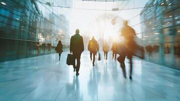 a blurry image of people walking through an office building photo