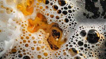 Closeup of soap foam with bubbles on black background. Macro shot photo