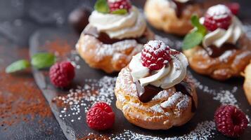 Delicious eclairs with cream and raspberries on black background photo