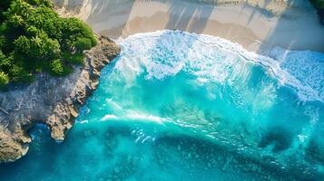 Aerial view of beautiful beach with turquoise water and white sand photo