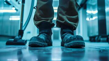 a person standing in front of a vacuum cleaner. Cleaning the floor with a vacuum cleaner. Close-up. photo