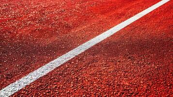 Red running track with white lines, close-up. Sports background photo