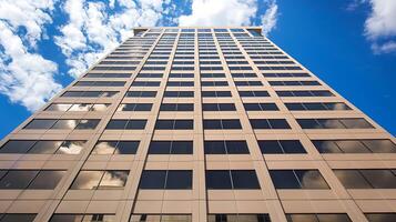 a tall building with windows and a blue sky photo