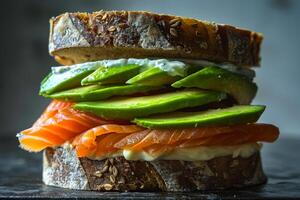 AI generated Artisan Avocado and Salmon Sandwich Close-Up photo