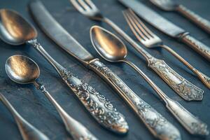 AI generated Assorted Cutlery on Dark Textured Background photo