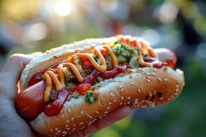 AI generated Loaded Hot Dog with Toppings in Hand photo