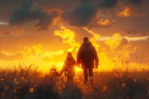 AI generated Family Walking on Path Towards Sunset Horizon photo