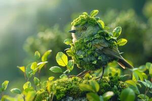 ai generado cubierto de musgo pájaro camuflado entre hojas foto