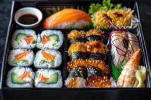 AI generated Deluxe Sushi Variety in Bento Box photo