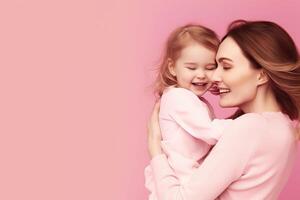 AI generated Unbreakable Bond Heartwarming Moment of Mother and Child Captured on a Vibrant Pink Background. created with Generative AI photo