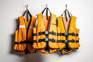 AI generated Safety First Colorful Life Jackets Ready for Water Adventures on White Background. created with Generative AI photo