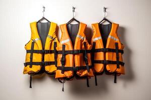 AI generated Safety First Colorful Life Jackets Ready for Water Adventures on White Background. created with Generative AI photo