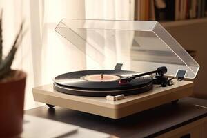 ai generado melódico momentos inmerso en música, disfrutando vinilo melodías en un minimalista ajuste. creado con generativo ai foto