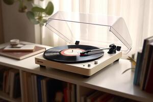 AI generated Melodic Moments Immersed in Music, Enjoying Vinyl Tunes in a Minimalistic Setting. created with Generative AI photo