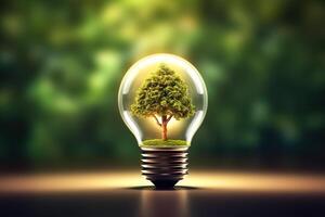 AI generated Sustainable Illumination Green Energy Concept with Tree Inside Light Bulb and Resource Icon. created with Generative AI photo