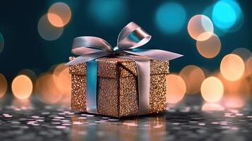 AI generated Festive Gift Box Illuminated by Bokeh Background for Joyful Occasions and Heartfelt Greetings. created with Generative AI photo