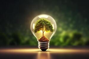 AI generated Sustainable Illumination Green Energy Concept with Tree Inside Light Bulb and Resource Icon. created with Generative AI photo