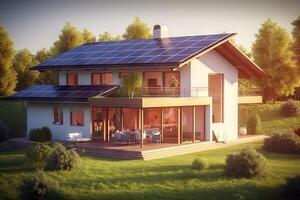 ai generado aprovechando el del sol poder Respetuoso del medio ambiente funciona con energía solar casas para sostenible viviendo. creado con generativo ai foto