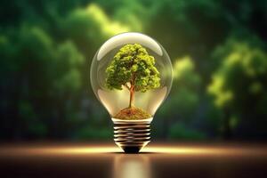 AI generated Sustainable Illumination Green Energy Concept with Tree Inside Light Bulb and Resource Icon. created with Generative AI photo