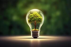 ai generado sostenible iluminación verde energía concepto con árbol dentro ligero bulbo y recurso icono. creado con generativo ai foto