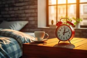 ai generado sereno dormitorio ajuste con alarma reloj recordando de el comienzo de un nuevo día. creado con generativo ai foto