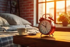 ai generado sereno dormitorio ajuste con alarma reloj recordando de el comienzo de un nuevo día. creado con generativo ai foto