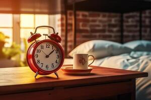 ai generado sereno dormitorio ajuste con alarma reloj recordando de el comienzo de un nuevo día. creado con generativo ai foto