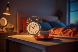 ai generado sereno dormitorio ajuste con alarma reloj recordando de el comienzo de un nuevo día. creado con generativo ai foto