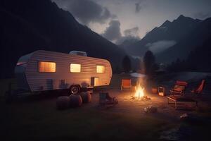 AI generated Adventurous High-Tech Caravan in the Majestic Mountains, Campfire Flickering in Front. created with Generative AI photo