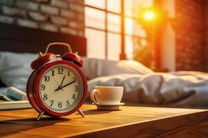 ai generado sereno dormitorio ajuste con alarma reloj recordando de el comienzo de un nuevo día. creado con generativo ai foto