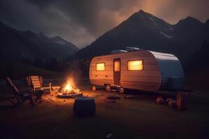 AI generated Adventurous High-Tech Caravan in the Majestic Mountains, Campfire Flickering in Front. created with Generative AI photo