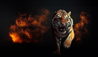 AI generated Raw Power Unleashed Majestic Tiger in a Dynamic Jumping Pose. created with Generative AI photo