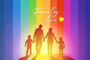 A horizontal illustration of a family holding hands on a colorful background vector