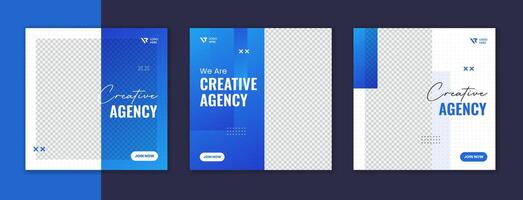 Blue gradient corporate social media post design, sky color business square ads template set with white stroke vector