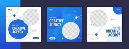 Blue gradient corporate social media post design, sky color round shape business square template set with white stroke vector