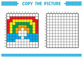 Copy the picture, complete the grid image. Educational worksheets drawing with squares, coloring cell areas. Children's preschool activities. Cartoon , pixel art. Rainbow and cloud illustration. vector