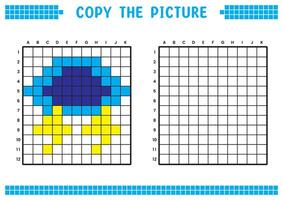 Copy the picture, complete the grid image. Educational worksheets drawing with squares, coloring areas. Children's preschool activities. Cartoon , pixel art. Clouds and thunder illustration. vector