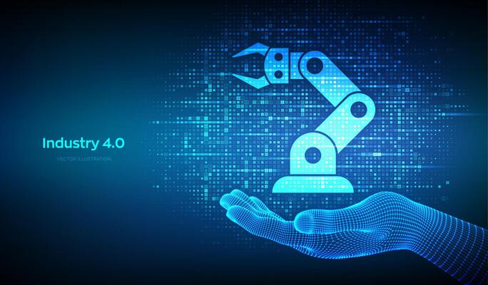 Smart Industry 4.0 icon made with binary code in wireframe hand. Factory automation. Autonomous industrial technology. Industrial revolutions steps. Matrix background with digits 1.0. .