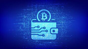 Crypto Wallet icon with Bitcoin made with binary code. Digital Cryptocurrency wallet. Mobile banking, online finance, blockchain banner. Binary code background with digits 1.0. Illustration. vector