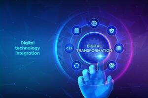 Digital transformation. Digitization of business processes modern technology concept on virtual screen. Disruption, innovation solutions. Hand touching digital interface. illustration vector