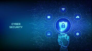 Security shield. Cyber security. Shield with Lock with keyhole. Cyber data protection. Background with circuit board connections and tech icons. Wireframe hand pressing button. Illustration. vector