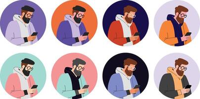 barbado hombre con teléfono, multicolor avatar icono conjunto para negocio y social medios de comunicación vector