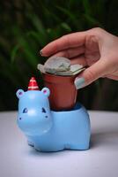 persona depositando dinero dentro pequeño azul hipopótamo foto