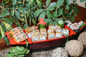 Tray of Sushi on Table Next to Potted Plant photo