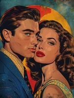 AI generated Wow pop art couple. Sexy couple, woman with curly hair and man in suit. Colorful background in pop art retro comic style. photo