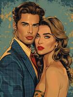 ai generado Guau popular Arte Pareja. sexy pareja, mujer con Rizado pelo y hombre en traje. vistoso antecedentes en popular Arte retro cómic estilo. foto