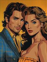 AI generated Wow pop art couple. Sexy couple, woman with curly hair and man in suit. Colorful background in pop art retro comic style. photo