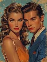 ai generado Guau popular Arte Pareja. sexy pareja, mujer con Rizado pelo y hombre en traje. vistoso antecedentes en popular Arte retro cómic estilo. foto