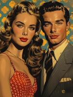 ai generado Guau popular Arte Pareja. sexy pareja, mujer con Rizado pelo y hombre en traje. vistoso antecedentes en popular Arte retro cómic estilo. foto